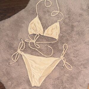 Jonathan Swim Elegant Cream Stringy Bikini Set Triangle top Ruched tie bottoms S